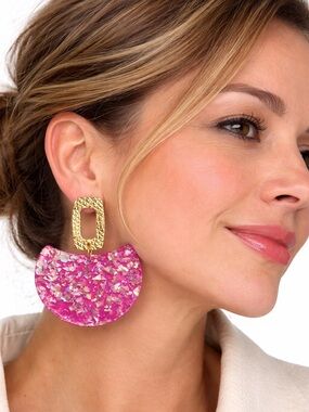 Statement Pink Confetti Acrylic Earrings Gold Textured Lightweight Geometric